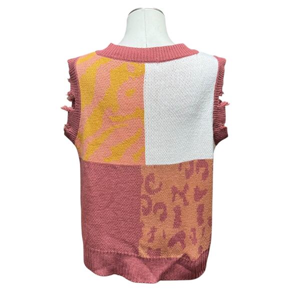 Umgee Wild Ride Sweater Vest Distressed V-Neck Red Brick Animal Print Small - Picture 4 of 6